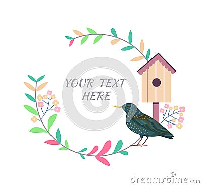 Cute vector frame for your design, starling, birdhouse Vector Illustration